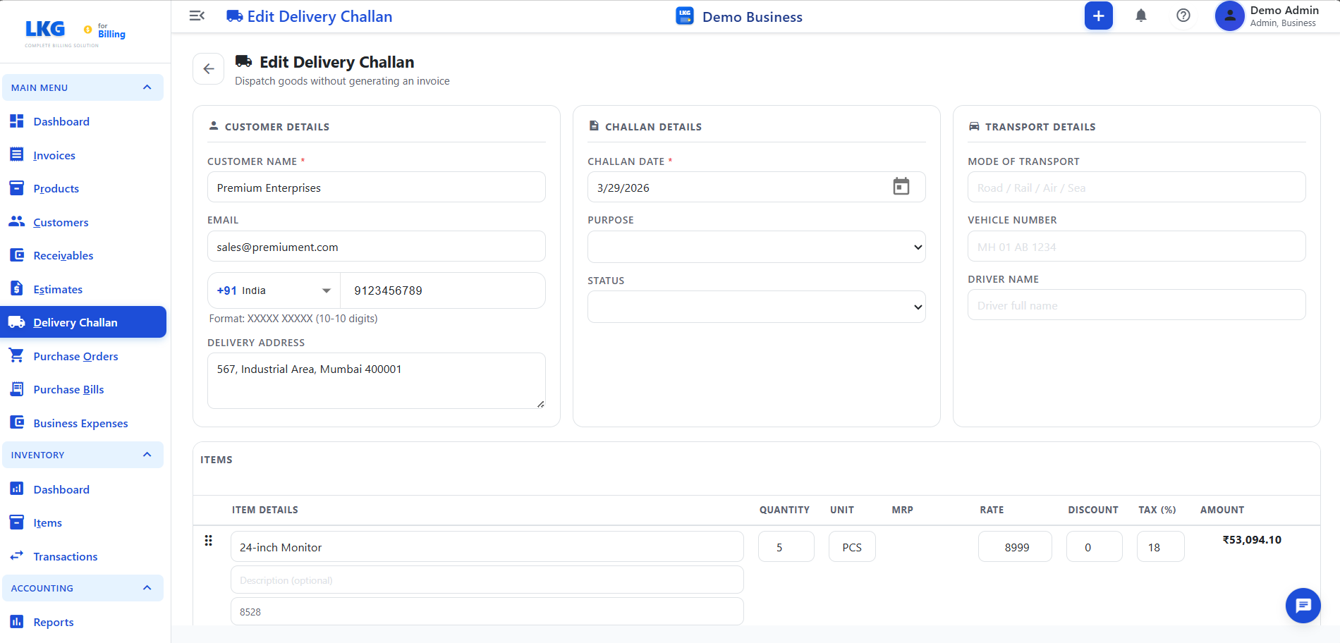 Delivery Challan Form - Customer, Challan &amp; Transport Details with Item Table